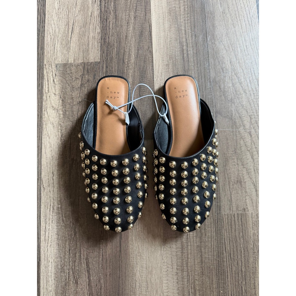 A New Day Mules Womens 6.5 Black Like New Gold Studded Pointed Toe Slip On Chic